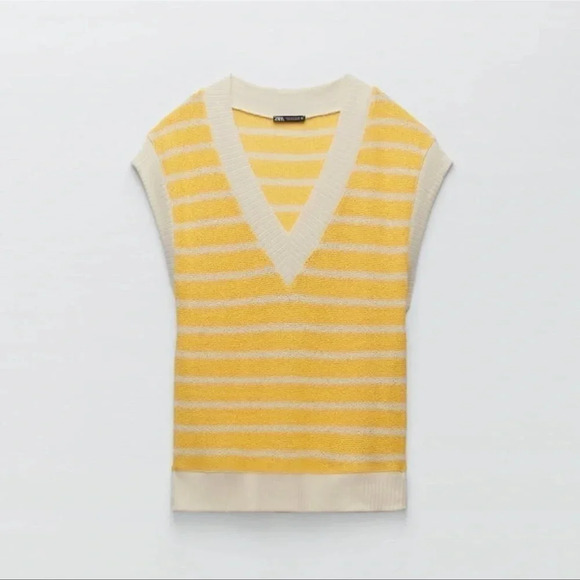 Yellow and White Striped Zara V-Neck Sleeveless Knit Sweater Medium (NWT) - Picture 6 of 9